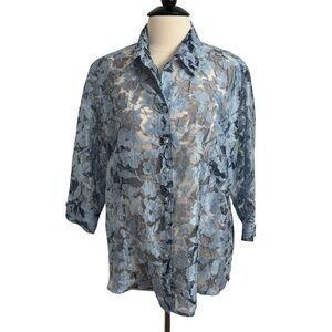 TanJay Women's Sheer Floral Burnout Pattern Front Button-Up Blouse Blue, Size 16
